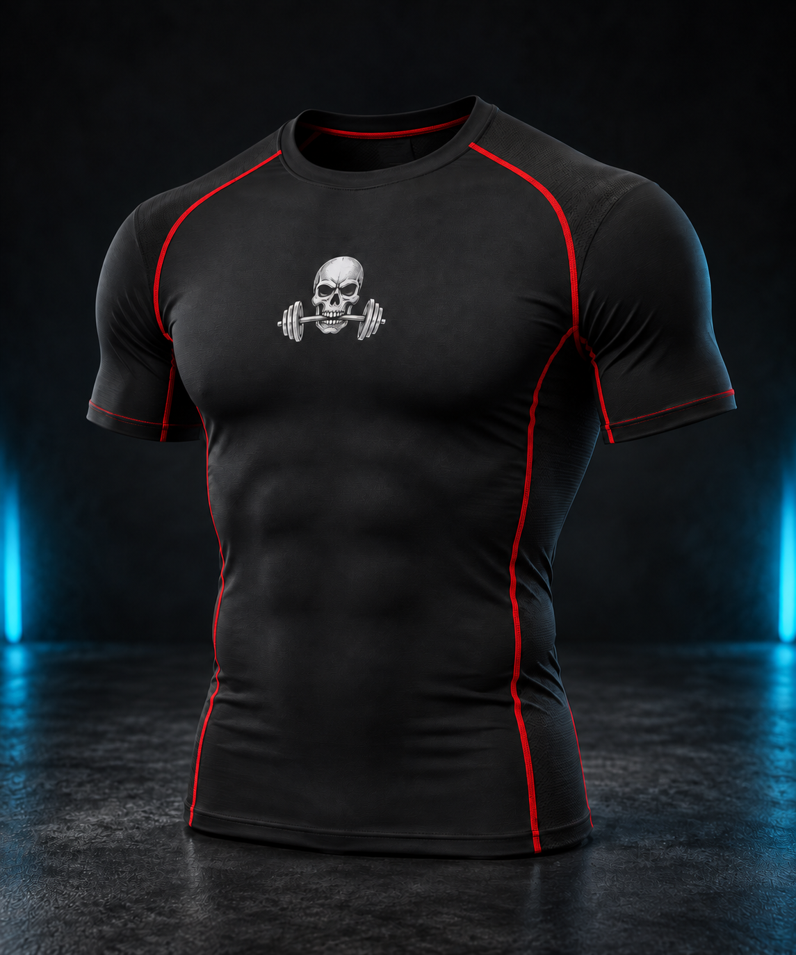 Black compression tee with red seam piping and a white skull-and-barbell chest emblem